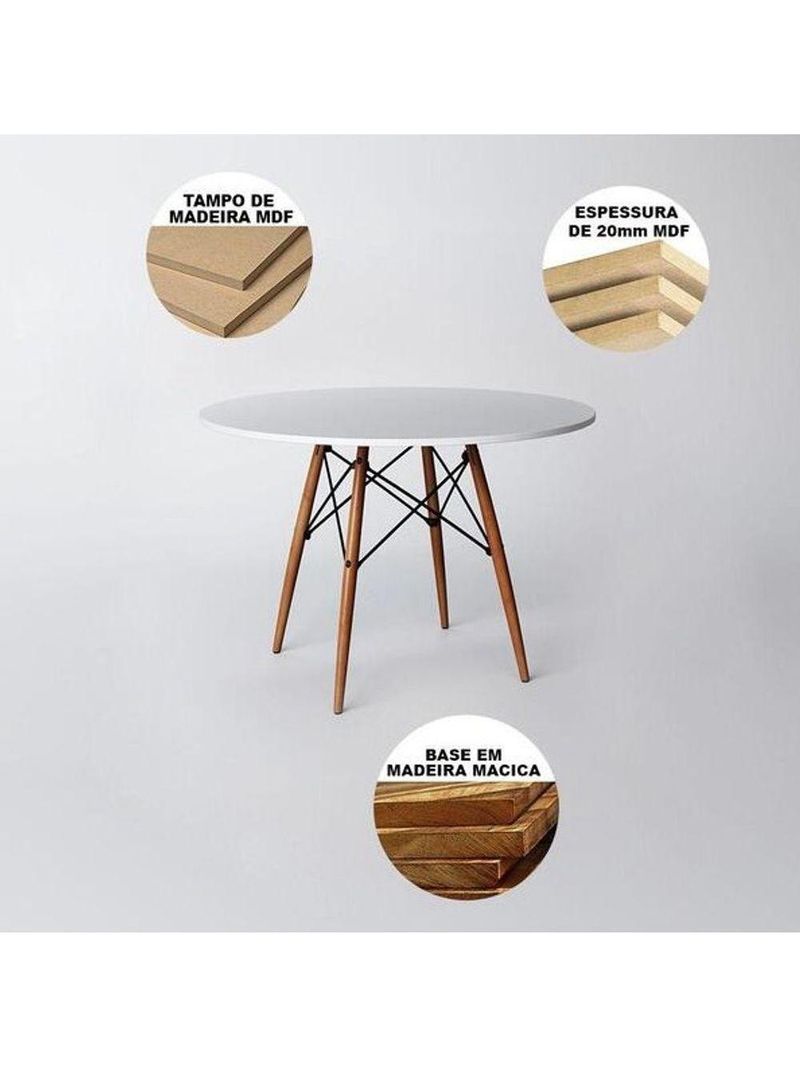 Conjunto De Mesa De Jantar Eames Eiffel Redonda 90cm Tampo De Madeira Branco Com 4 Cadeiras Brancas