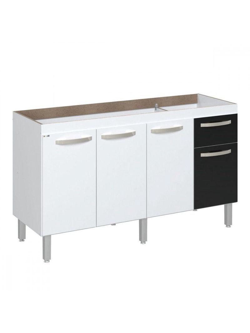 Balcão Flat de Cozinha para Pia 4 Portas 1 Gaveta – 1,43 m – Branco com Preto