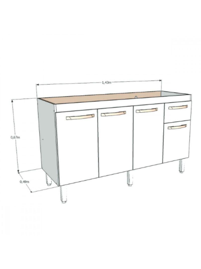 Balcão Flat de Cozinha para Pia 4 Portas 1 Gaveta – 1,43 m – Branco com Preto