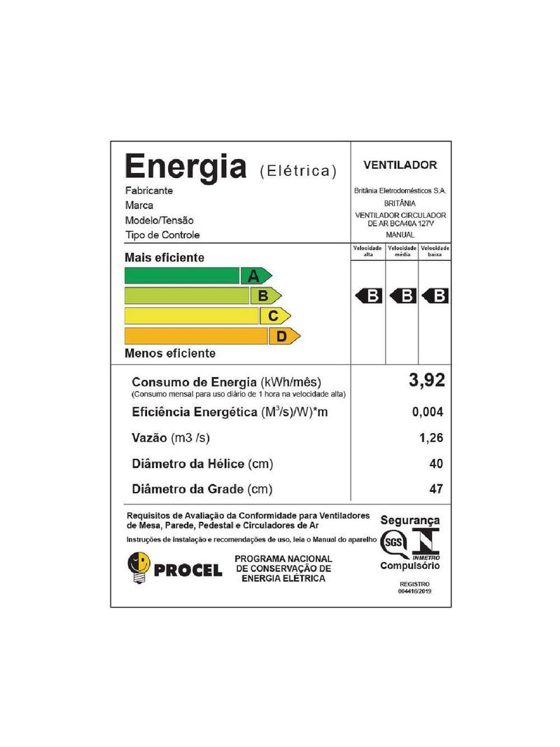 Ventilador Circulador Britânia 160W 3 Velocidades BCA40A 110V