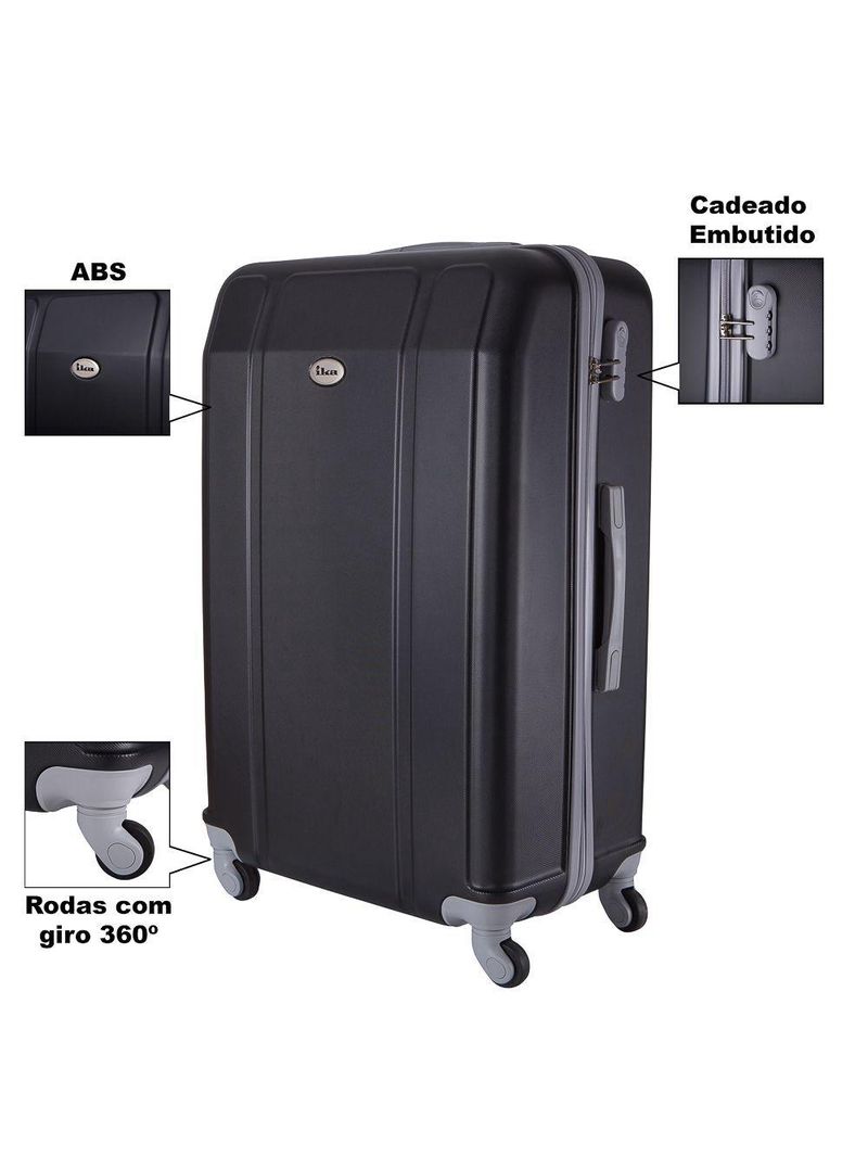 Mala de Viagem Grande Continental em Abs Cadeado Embutido, Rodas Giro 360 IKA - Preta - G