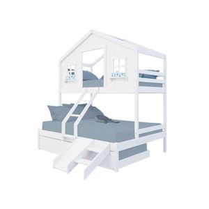 Treliche Casal/Solteiro Casinha dos Sonhos Kit Escada/Escorregador Madeira Maciça Branco Megamobilia