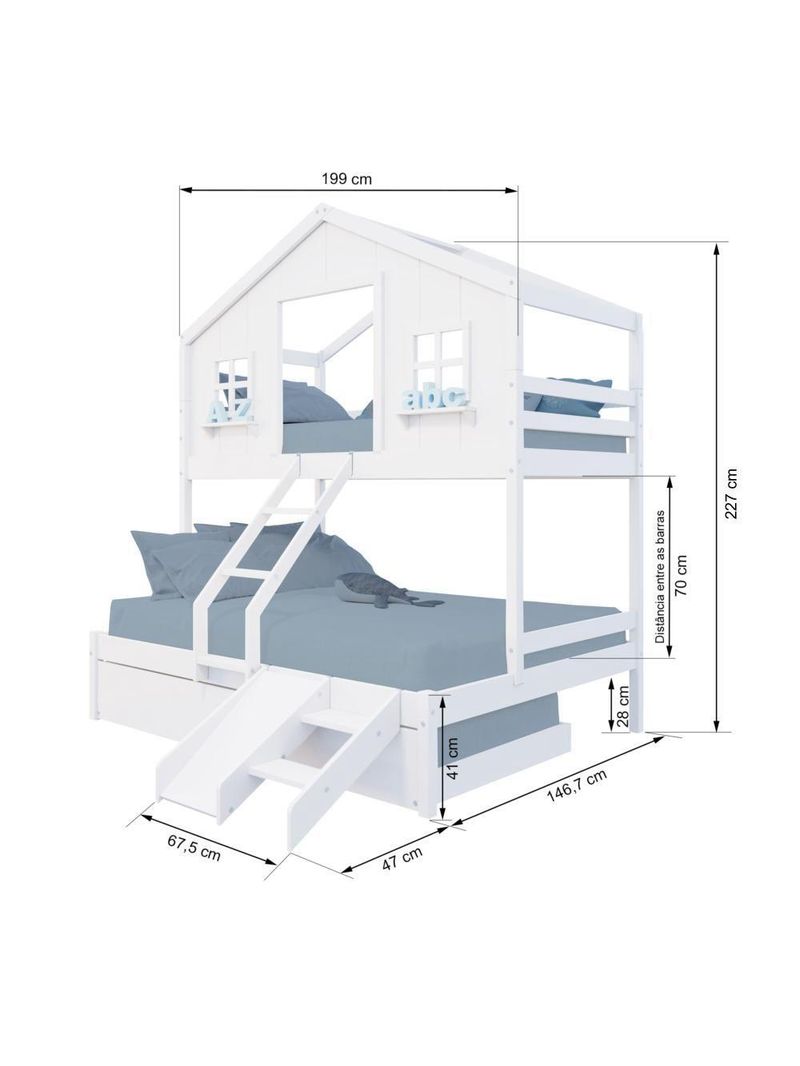 Treliche Casal/Solteiro Casinha dos Sonhos Kit Escada/Escorregador Madeira Maciça Branco Megamobilia