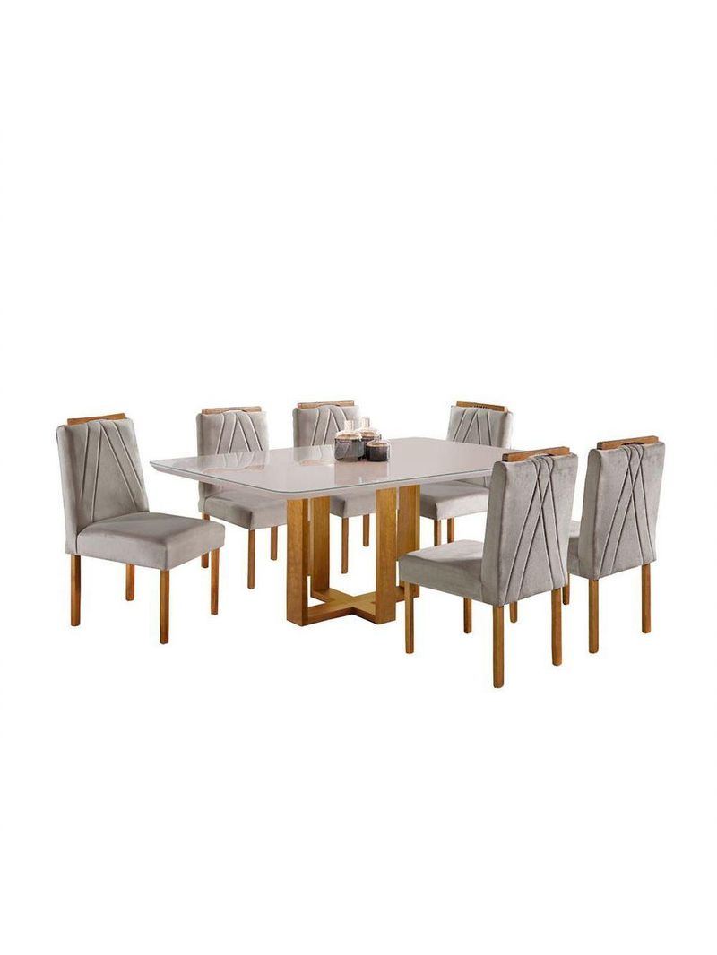 Conjunto Sala de Jantar 6 Lugares Mesa Lisy e 6 Cadeiras em Veludo - Móveis Mix - Cor: Mel/Off White