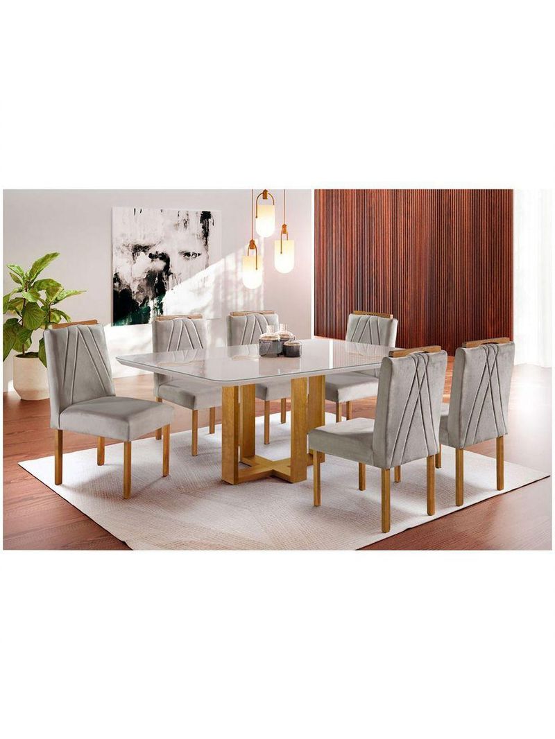 Conjunto Sala de Jantar 6 Lugares Mesa Lisy e 6 Cadeiras em Veludo - Móveis Mix - Cor: Mel/Off White