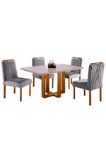 Conjunto Sala de Jantar Mesa e 4 Cadeiras Madeira Maciça Madri - Linho Cinza - Mel/off White/Cinza Claro