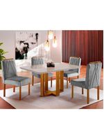Conjunto Sala de Jantar Mesa e 4 Cadeiras Madeira Maciça Madri - Linho Cinza - Mel/off White/Cinza Claro