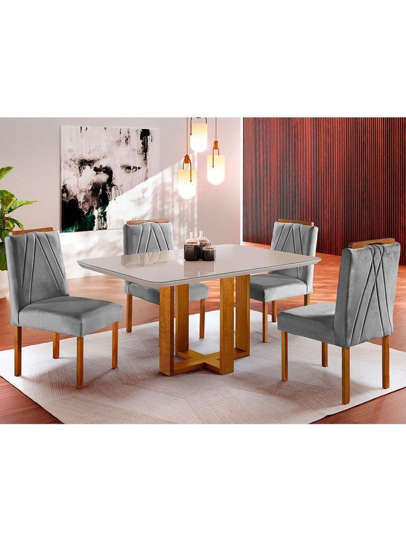 Conjunto Sala de Jantar Mesa e 4 Cadeiras Madeira Maciça Madri - Linho Cinza - Mel/off White/Cinza Claro