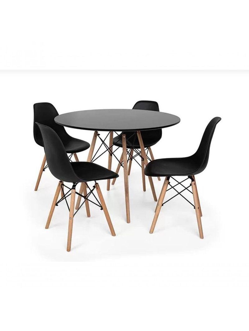 Mesa Redonda 90cm Com 4 Cadeiras Eames Eiffel Pés De Madeira Preta
