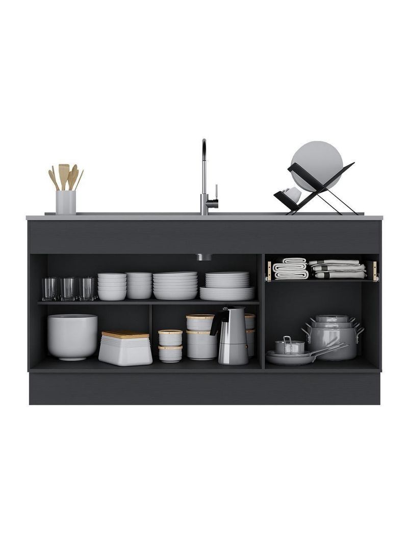 Balcão Cozinha Gabinete Pia 150 Cm 3 Portas 1 Gaveta Preto