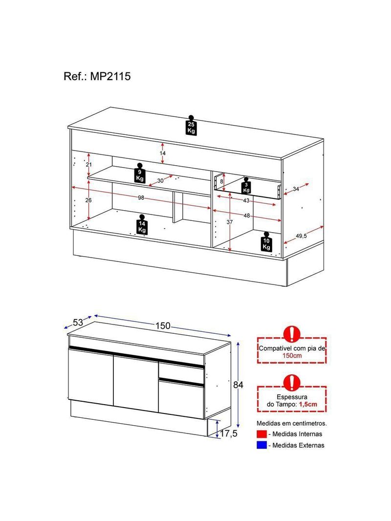 Balcão Cozinha Gabinete Pia 150 Cm 3 Portas 1 Gaveta Preto