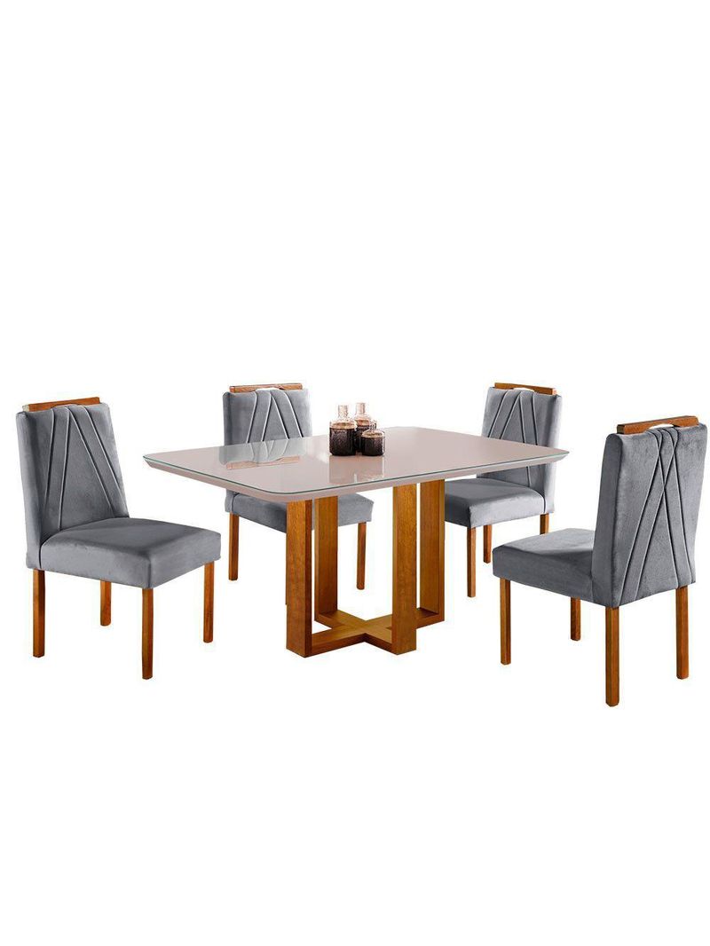 Conjunto Sala de Jantar Mesa Tampo de Vidro 4 Cadeiras Lisboa Mundial Móveis Mel/Cinza Mel/Cinza