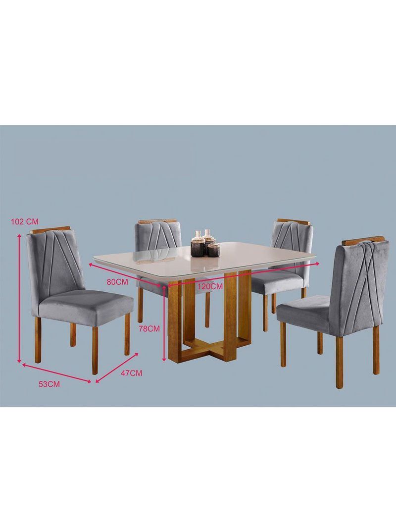 Conjunto Sala de Jantar Mesa Tampo de Vidro 4 Cadeiras Lisboa Mundial Móveis Mel/Cinza Mel/Cinza