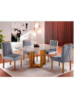 Conjunto Sala de Jantar Mesa Tampo de Vidro 4 Cadeiras Lisboa Mundial Móveis Mel/Cinza Mel/Cinza