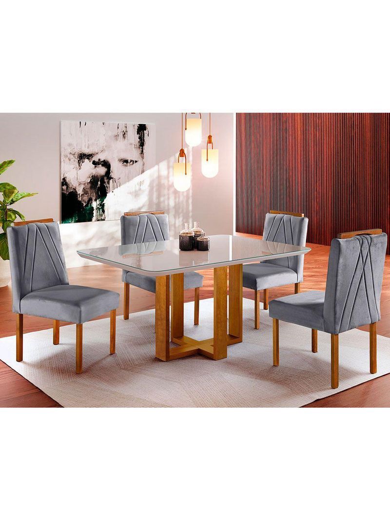 Conjunto Sala de Jantar Mesa Tampo de Vidro 4 Cadeiras Lisboa Mundial Móveis Mel/Cinza Mel/Cinza