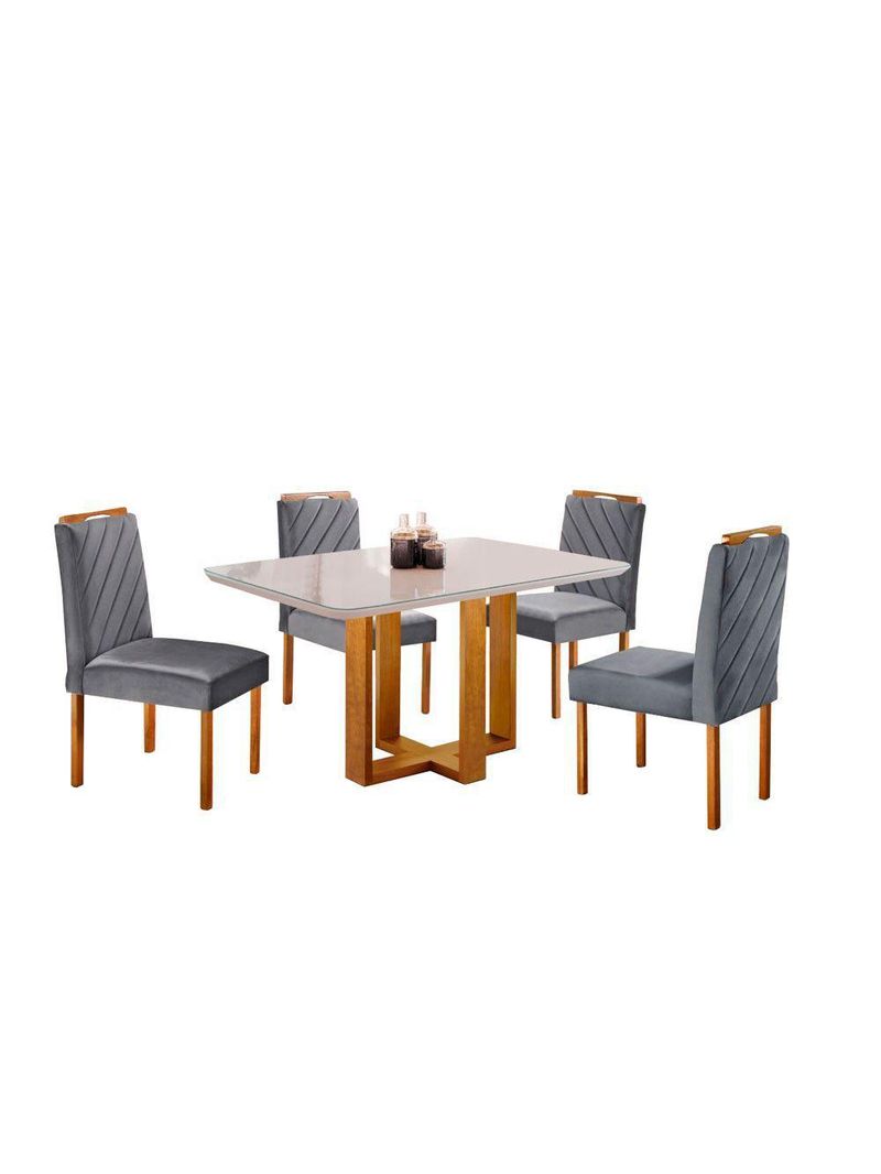 Conjunto Jantar 4 Lugares Mesa e Cadeiras Lisy Mel/Offwhite/Cinza