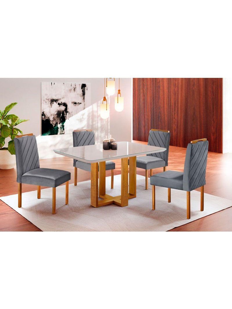 Conjunto Jantar 4 Lugares Mesa e Cadeiras Lisy Mel/Offwhite/Cinza