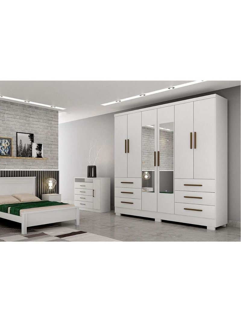 Guarda Roupa Solteiro 6 Portas e 6 Gavetas c/Espelho e Pés Encanto Branco - Novo Horizonte
