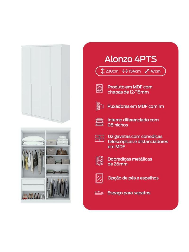 Guarda-roupa Solteiro Alonzo 4 Portas 2 Gavetas Branco Lopas