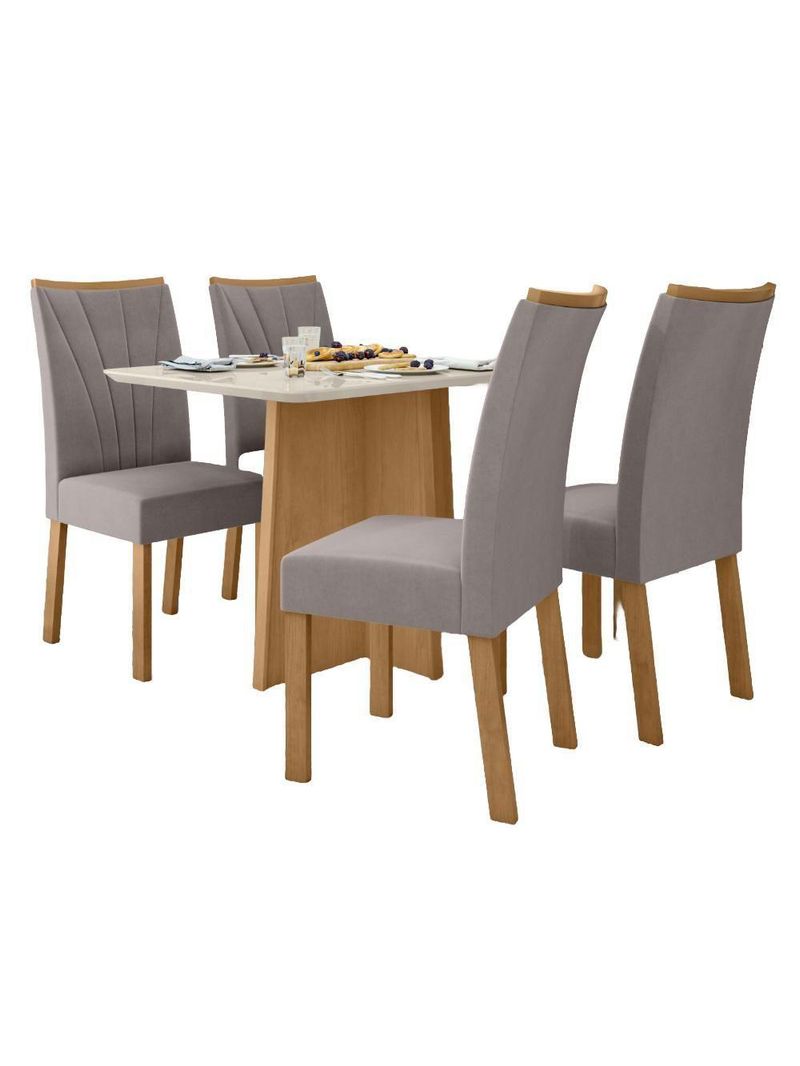 Conjunto Mesa de Jantar Celebrare com Vidro e 4 Cadeiras Apogeu - Tecido Veludo Liso Capuccino Amêndoa Clean/Off White