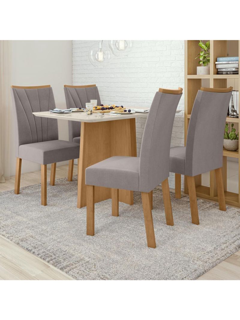 Conjunto Mesa de Jantar Celebrare com Vidro e 4 Cadeiras Apogeu - Tecido Veludo Liso Capuccino Amêndoa Clean/Off White