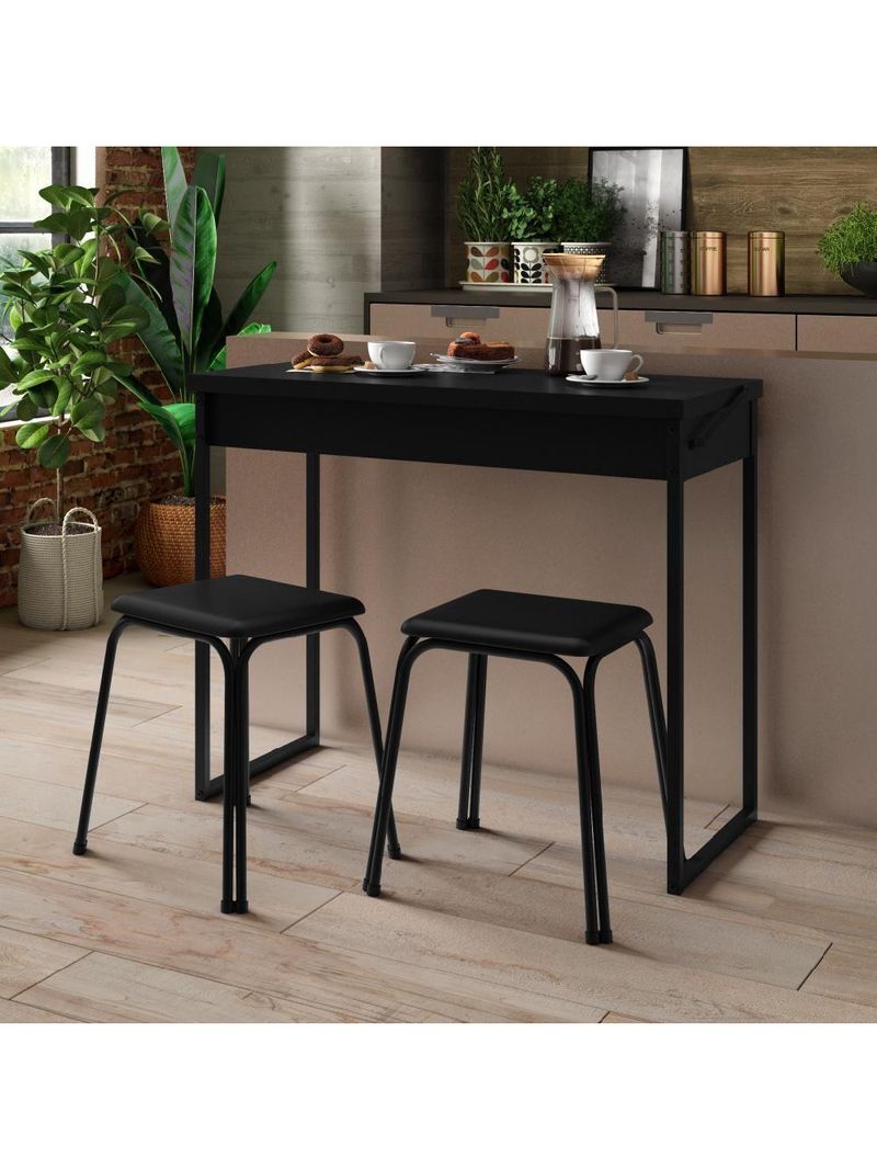Conjunto Mesa Dobrável com 2 Banquetas Preto Carraro