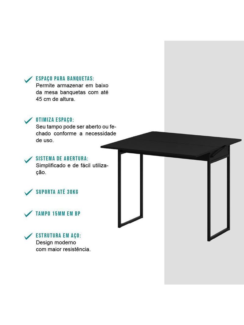 Conjunto Mesa Dobrável com 2 Banquetas Preto Carraro