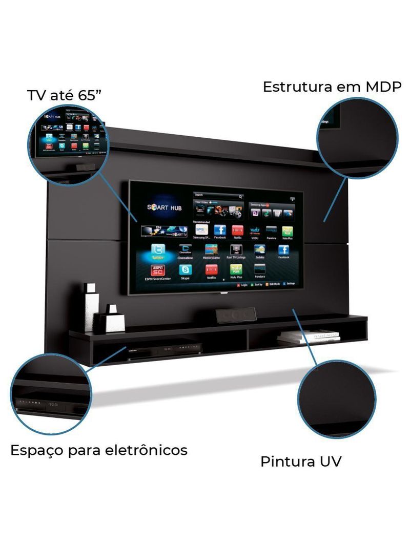 Painel TV Até 65" Com Prateleira 1,80m Preto