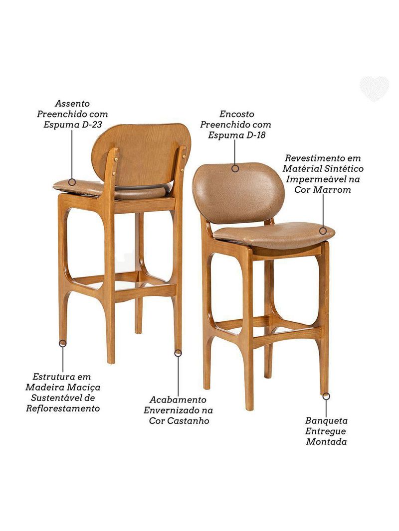 Kit 2 Banquetas Alta Estofada Rafine Madeira Castanho Impermeável Marrom