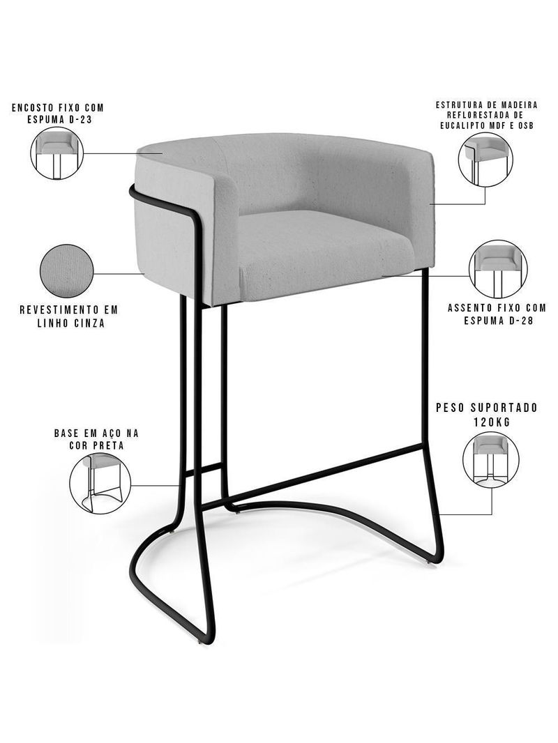 Banqueta Base De Aço Preto Betina D02 Cinza D-315