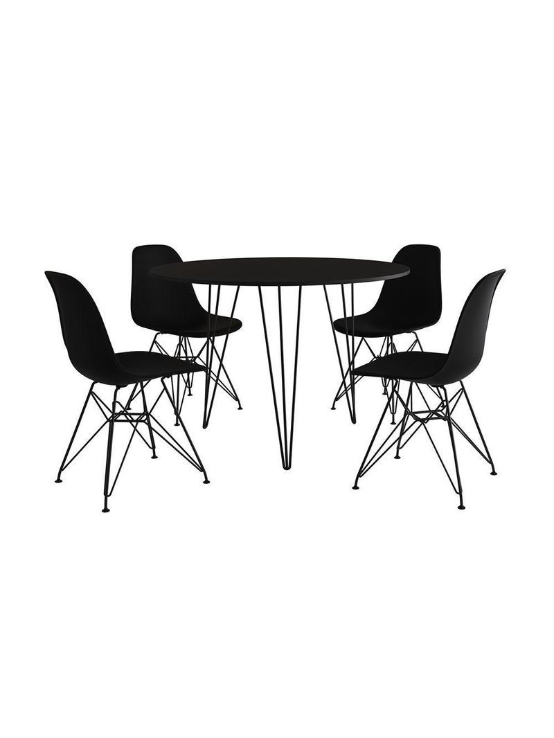 Mesa Jantar Redonda 110Cm Preta Clips 3 Pés Com 4 Cadeiras Eames Eiffel Pretas Ferro Preto