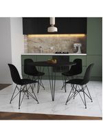 Mesa Jantar Redonda 110Cm Preta Clips 3 Pés Com 4 Cadeiras Eames Eiffel Pretas Ferro Preto