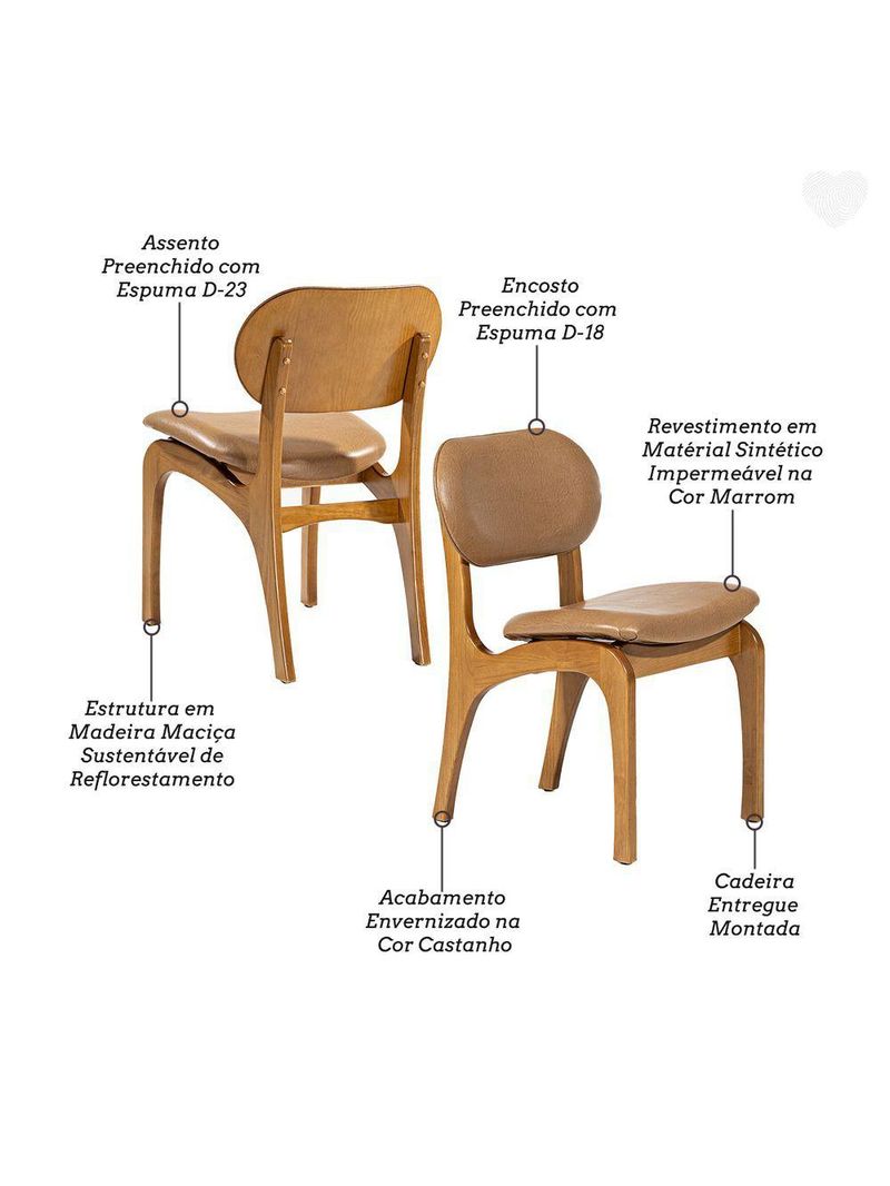 Kit 2 Cadeiras De Jantar Estofada Rafine Madeira Castanho Impermeável Marrom