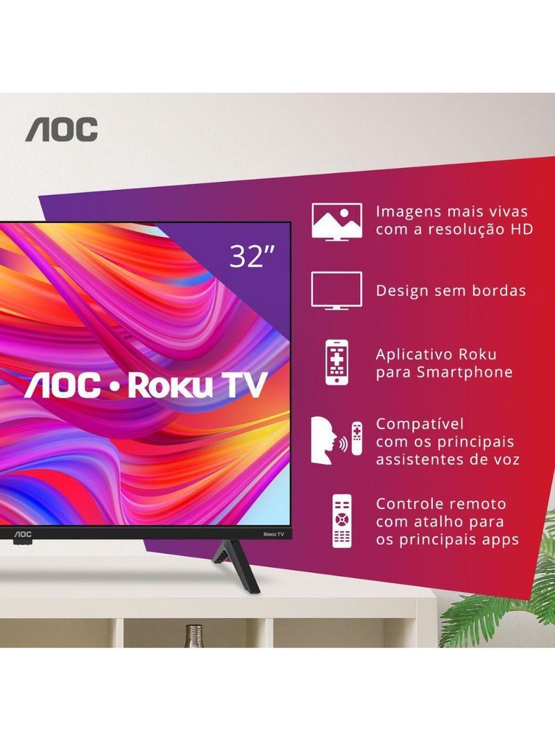 Smart TV AOC Roku 32 DLED HD Dolby Audio 32S5045/78G Preto Bivolt