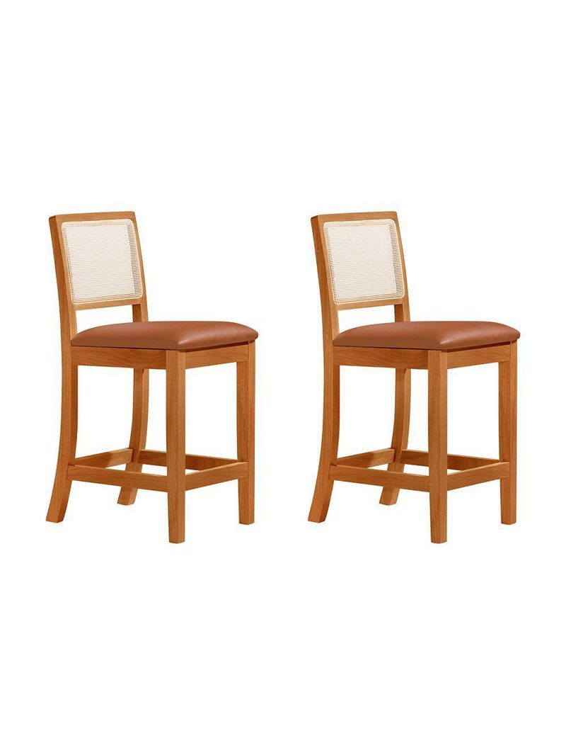 Kit 2 Banquetas Altas Em Tela Sextavadas Assento Estofado Couro Pu Caramelo Rubi Mel Marrom