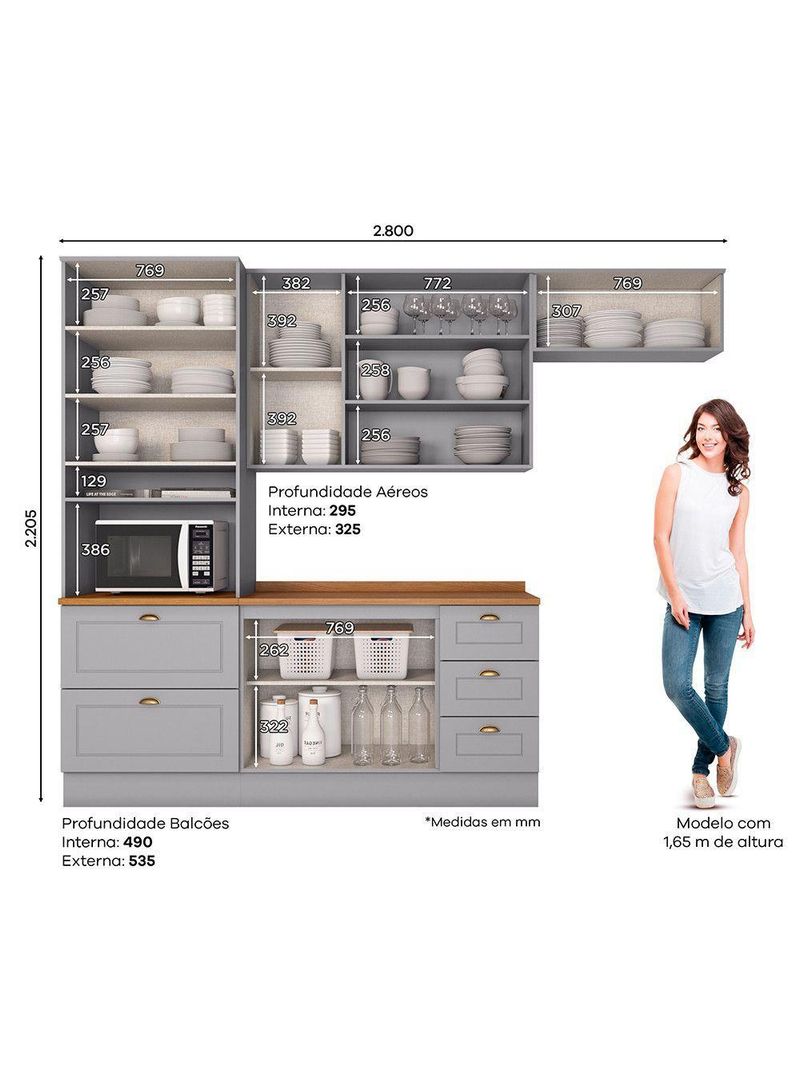 Cozinha Compacta 4 Peças Com Aéreo Basculante Amy Casa 812 Cinza