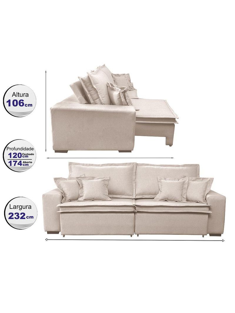Sofa Retrátil E Reclinável Com Molas Cama Inbox Premium 2,32m Tecido Em Linho Bege Claro