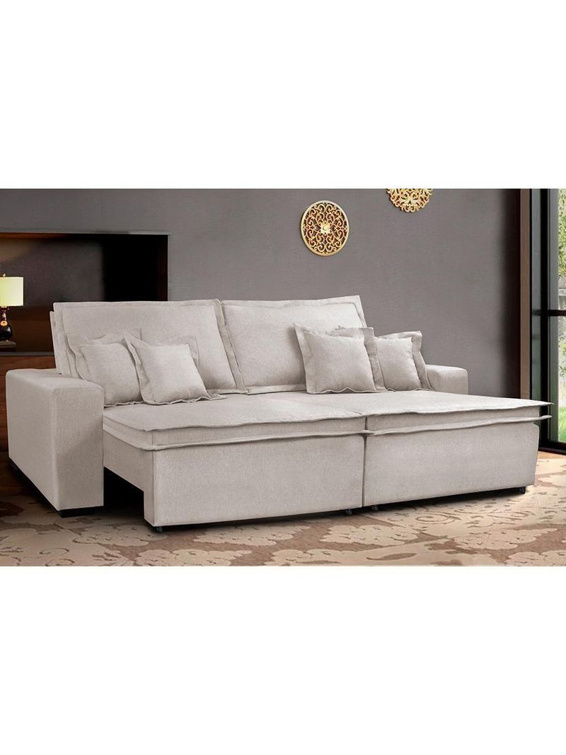 Sofa Retrátil E Reclinável Com Molas Cama Inbox Premium 2,32m Tecido Em Linho Bege Claro