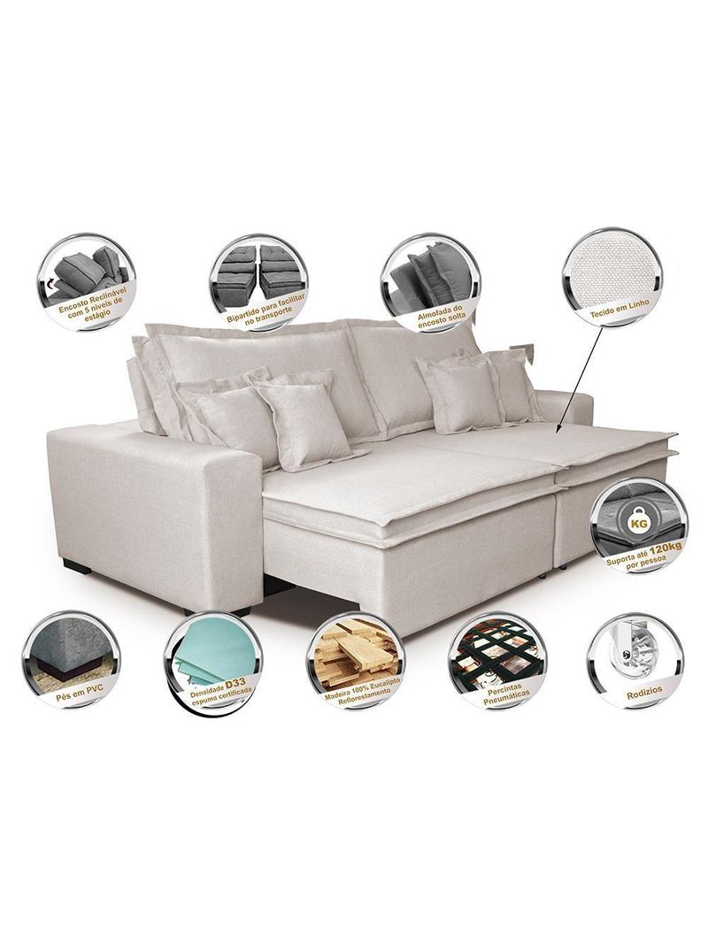 Sofa Retrátil E Reclinável Com Molas Cama Inbox Premium 2,32m Tecido Em Linho Bege Claro
