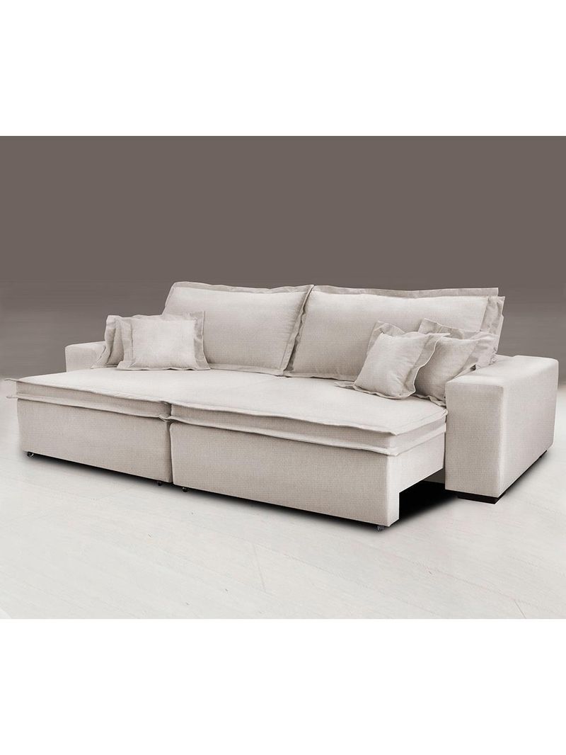 Sofa Retrátil E Reclinável Com Molas Cama Inbox Premium 2,32m Tecido Em Linho Bege Claro