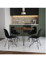 Mesa De Jantar Redonda 90Cm Amêndoa Clips 3 Pés Com 4 Cadeiras Eames Eiffel Pretas Ferro Preto