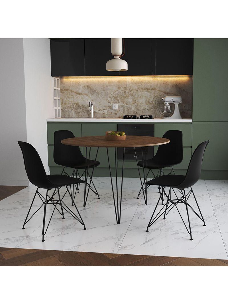 Mesa De Jantar Redonda 90Cm Amêndoa Clips 3 Pés Com 4 Cadeiras Eames Eiffel Pretas Ferro Preto