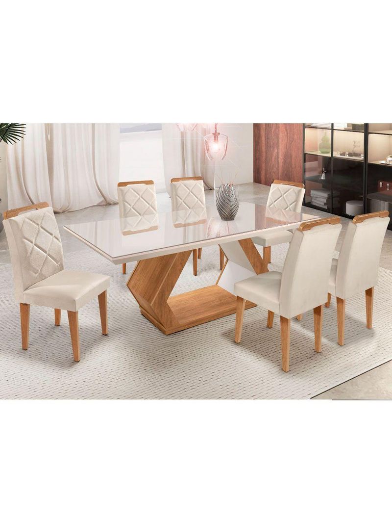 Mesa Alvorada 180 Tp Mdf Vidro Canto Reto 6 Cadeiras Rufato Veludo Creme/off White/imbuia/serig Off