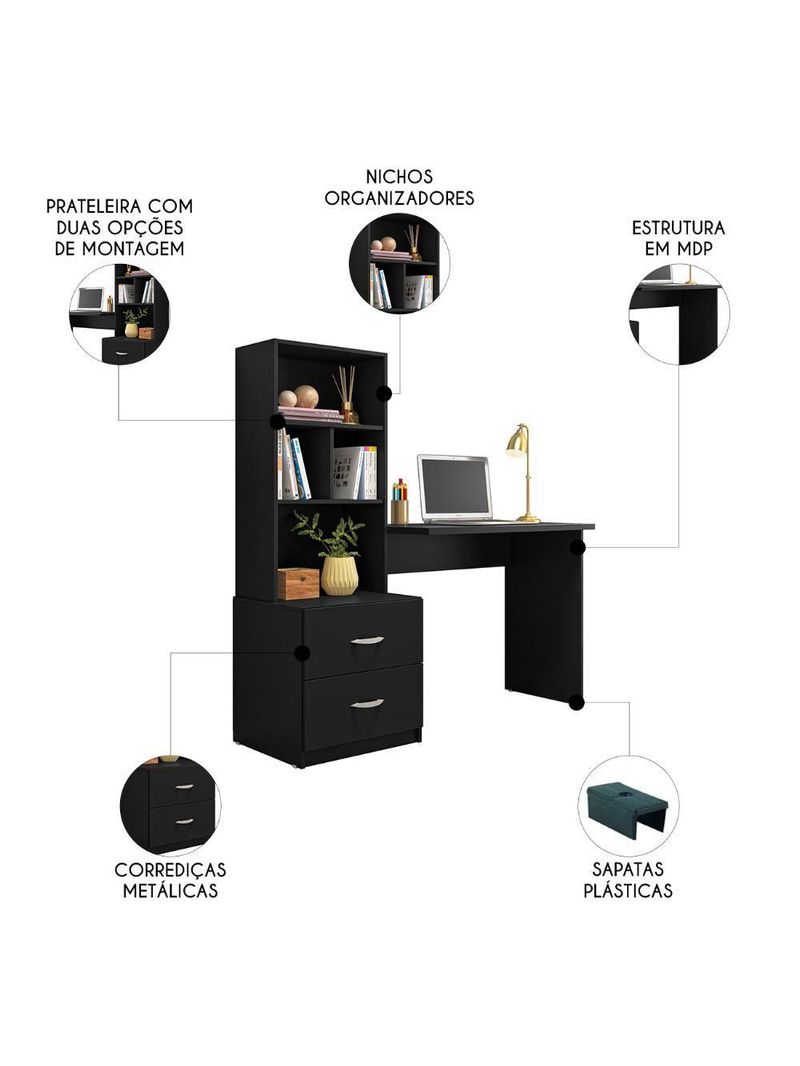 Mesa Escrivaninha com Estante Livreiro 138cm Jay Preto Z49 - Mpozenato