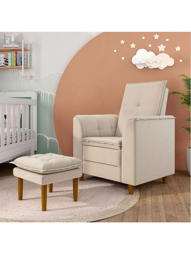Poltrona De Amamentação Eva Com Puff Pé Palito Bebê Suede Cor:bege