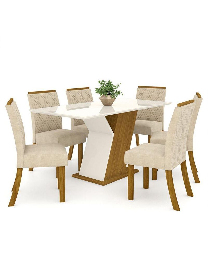 Conjunto Sala De Jantar Mesa 160cm Vidro 6 Cadeiras Lupita Casa 812 Nature Off White E Linho