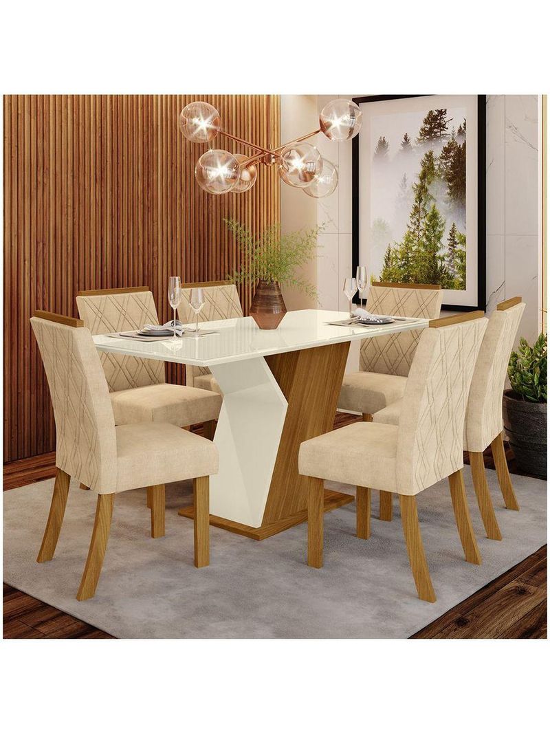 Conjunto Sala De Jantar Mesa 160cm Vidro 6 Cadeiras Lupita Casa 812 Nature Off White E Linho
