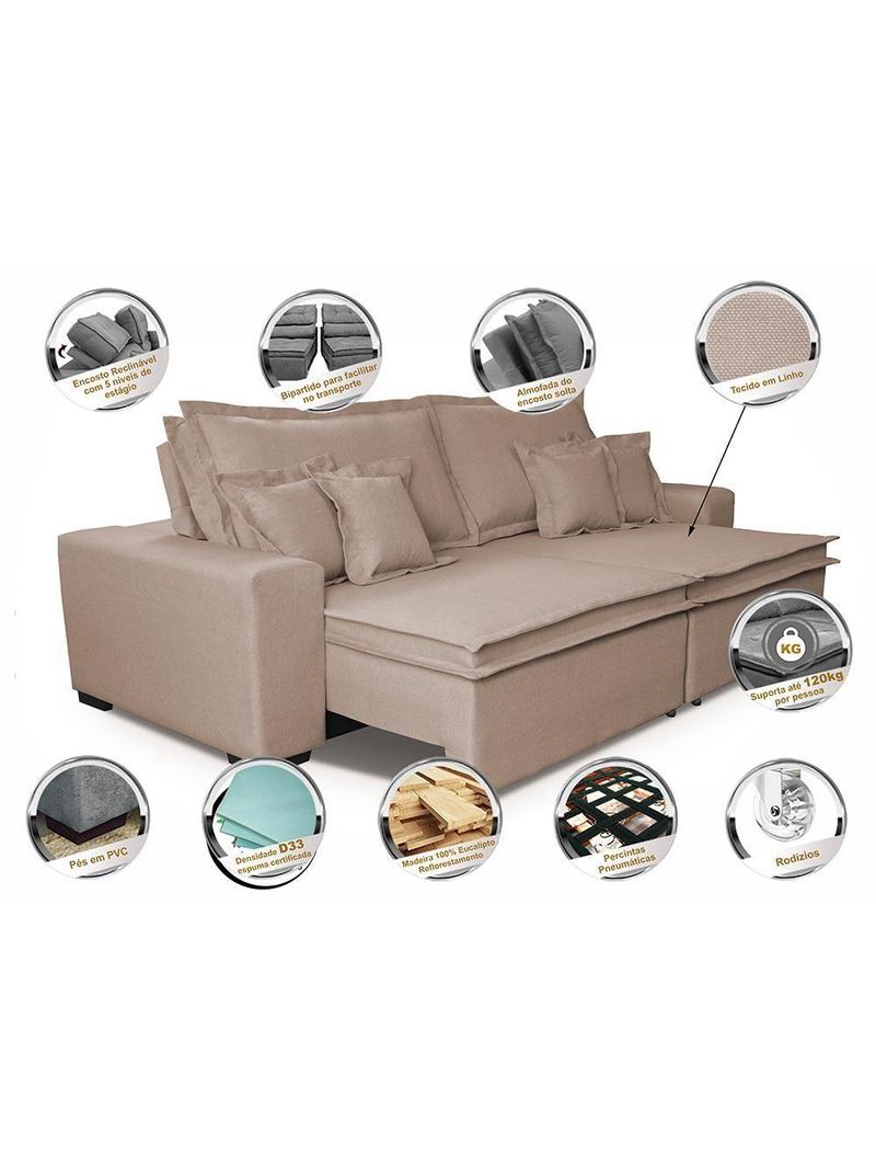 Sofa Retrátil E Reclinável Com Molas Cama Inbox Premium 2,72m Tecido Em Linho Bege Escuro