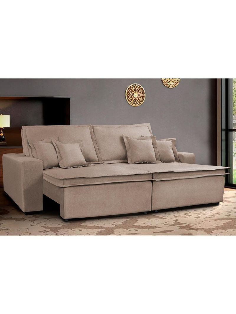 Sofa Retrátil E Reclinável Com Molas Cama Inbox Premium 2,72m Tecido Em Linho Bege Escuro