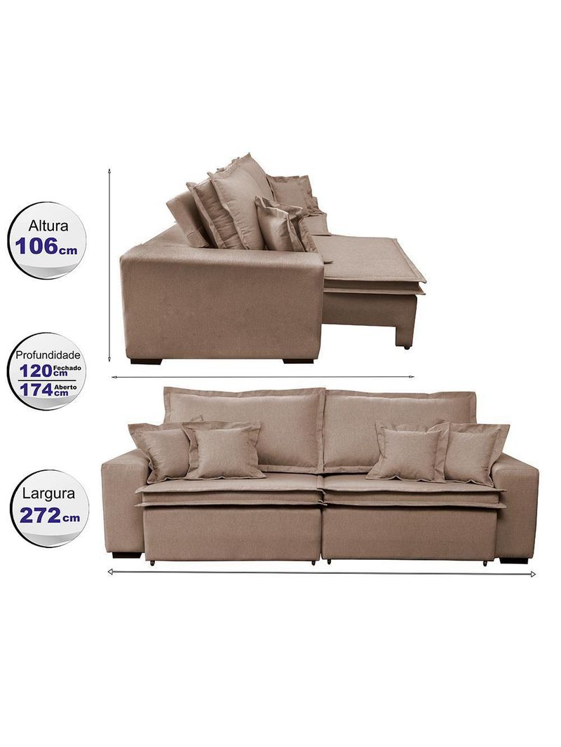 Sofa Retrátil E Reclinável Com Molas Cama Inbox Premium 2,72m Tecido Em Linho Bege Escuro